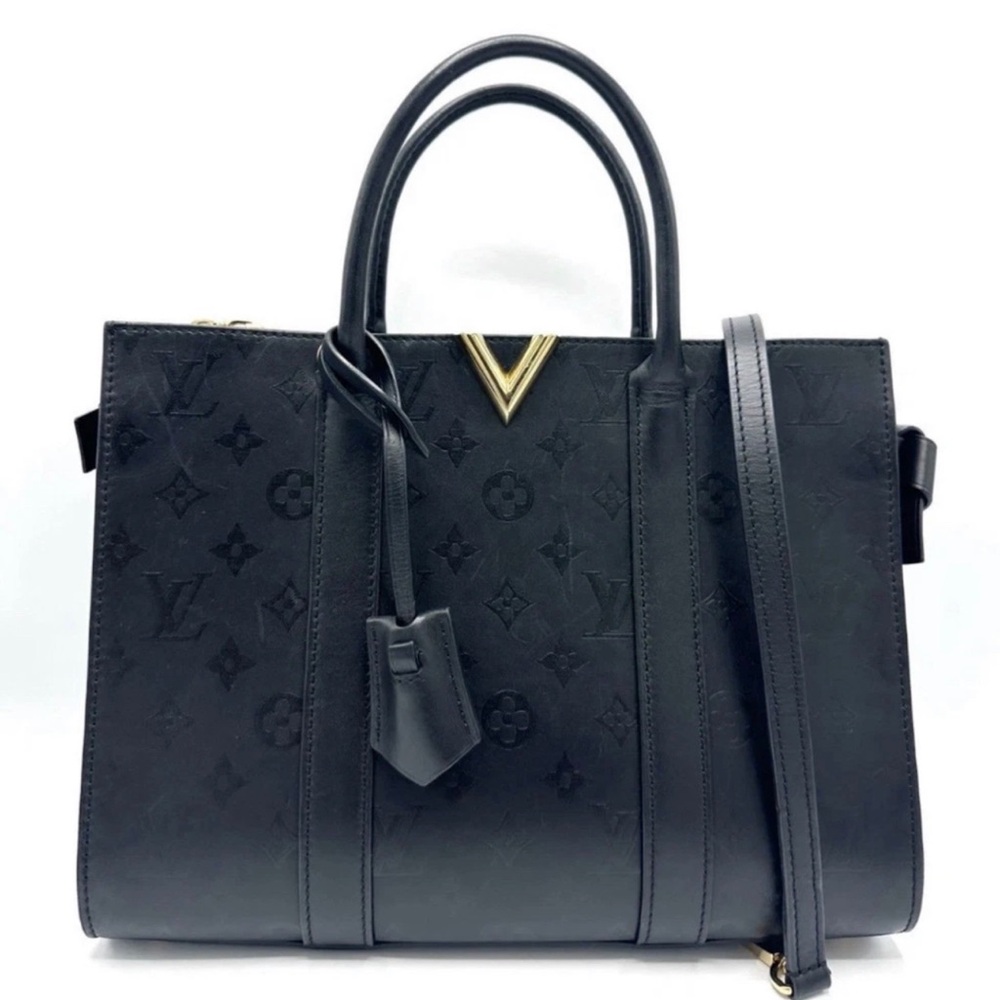 Louis Vuitton Black Leather Monogram Embossed Top Handle & Long Strap -Very Tote